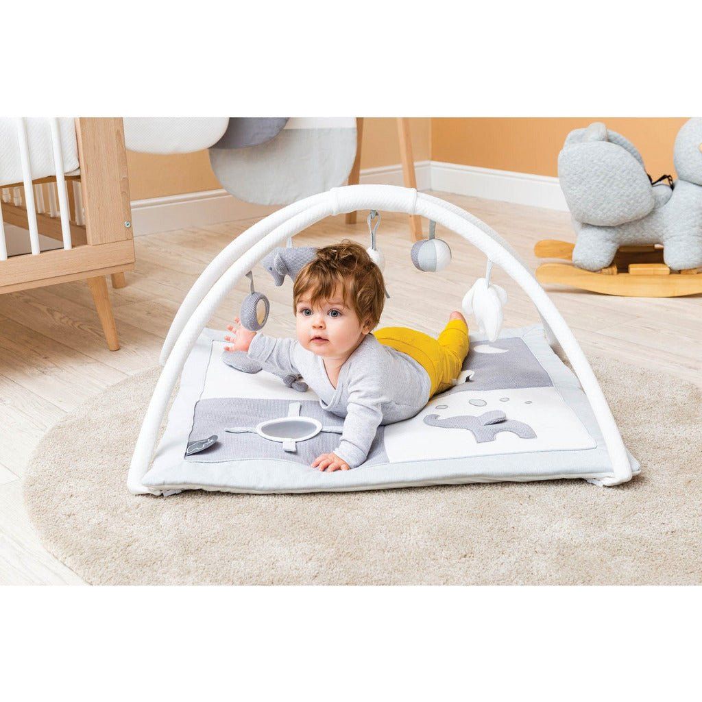 baby lying on tummy on Nattou Baby Playmat - Tembo Elephant