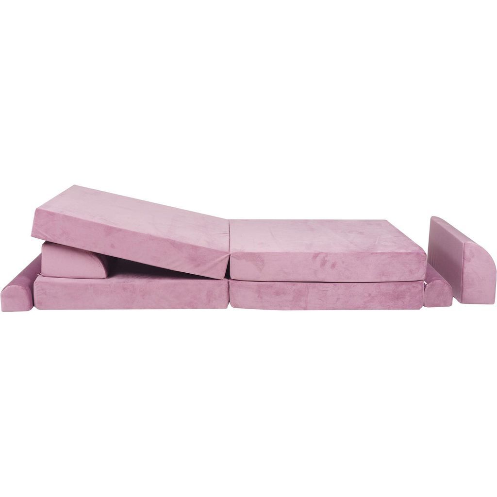 MeowBaby Velvet Kids Soft Play Sofa & Fold Out Bed - Pink with left top cushions raised