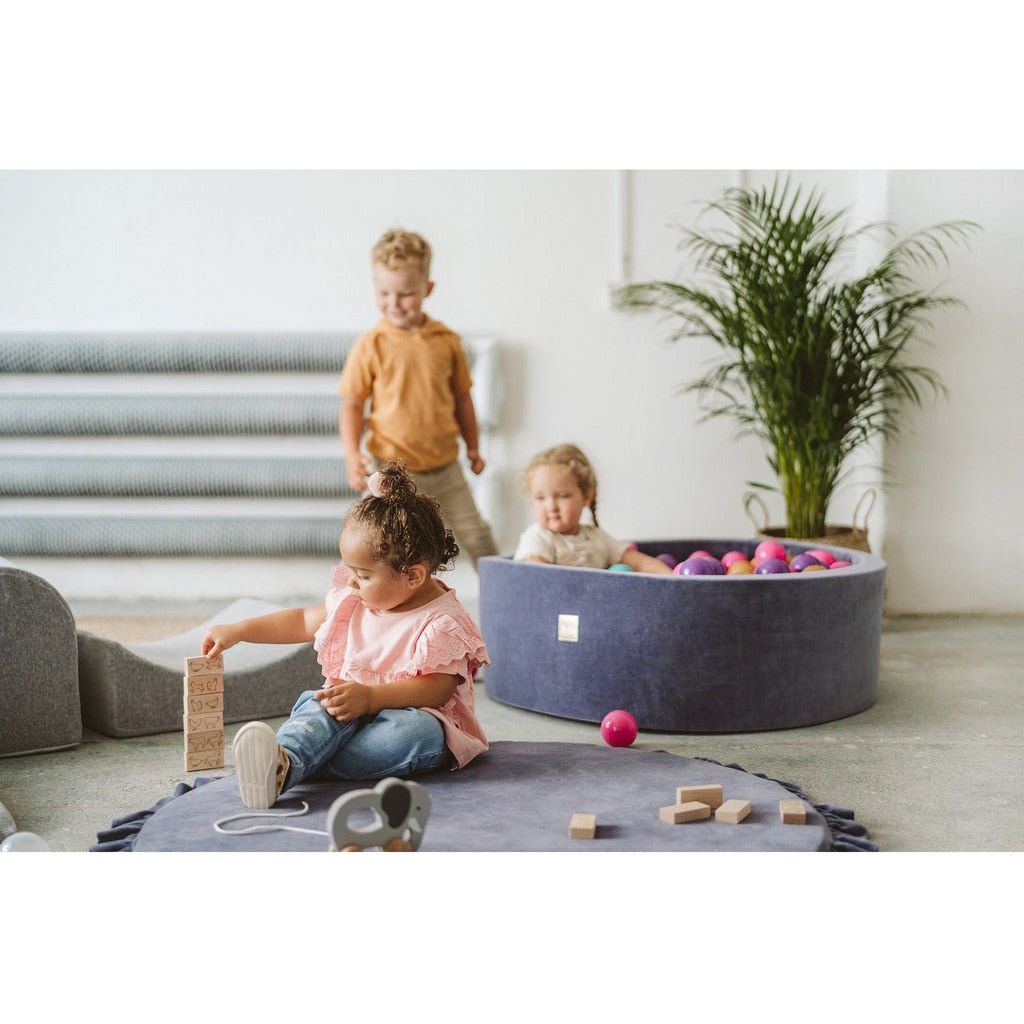 children in playroom and sitting in Velvet Round Foam Ball Pit with 200 Balls - Steel