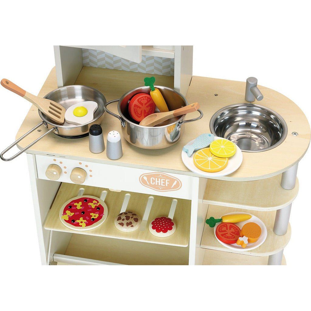 Vilac Wooden Chef's Kitchen saucepans and sink close up