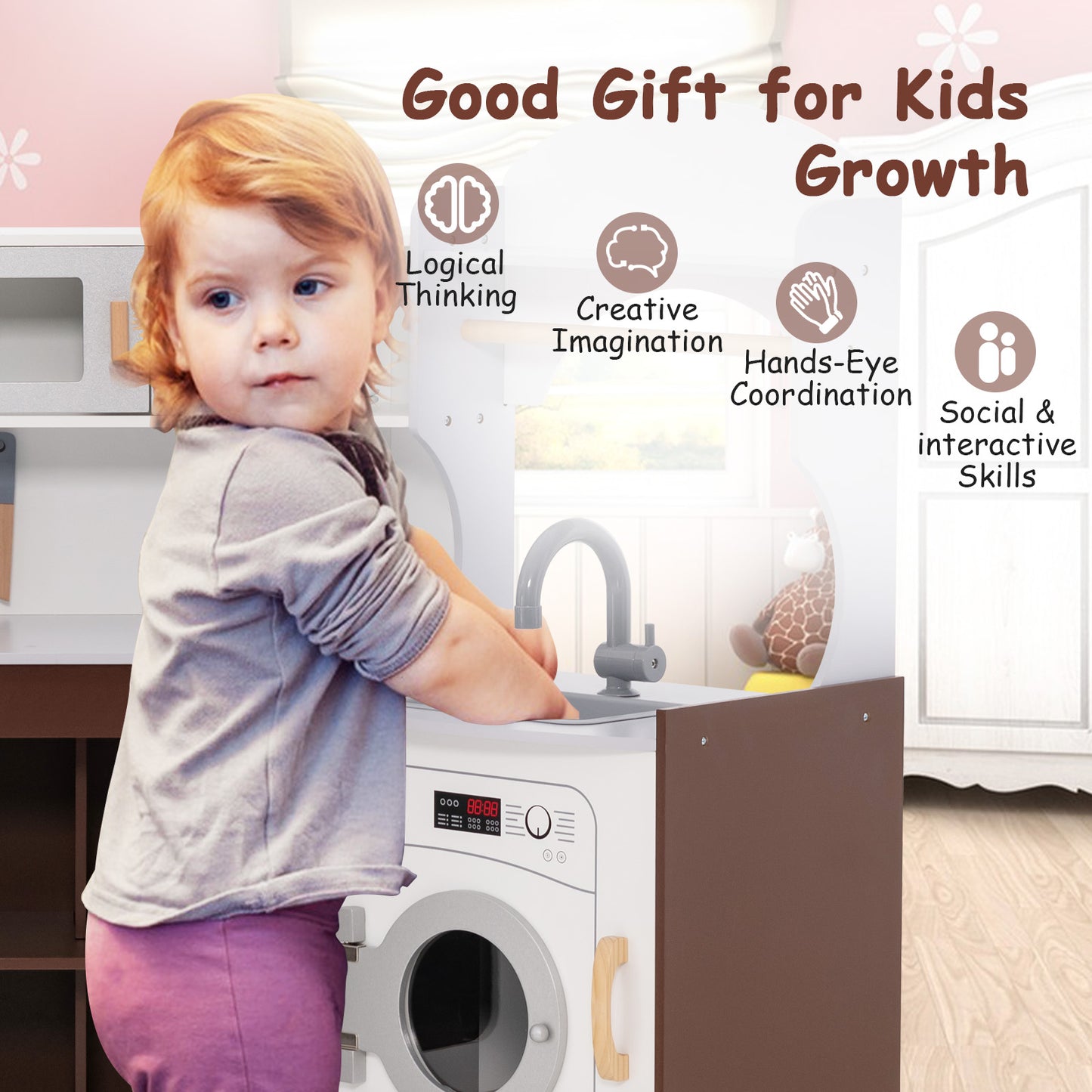 Corner Wooden Play Kitchen with Lights and Sounds for Toddlers
