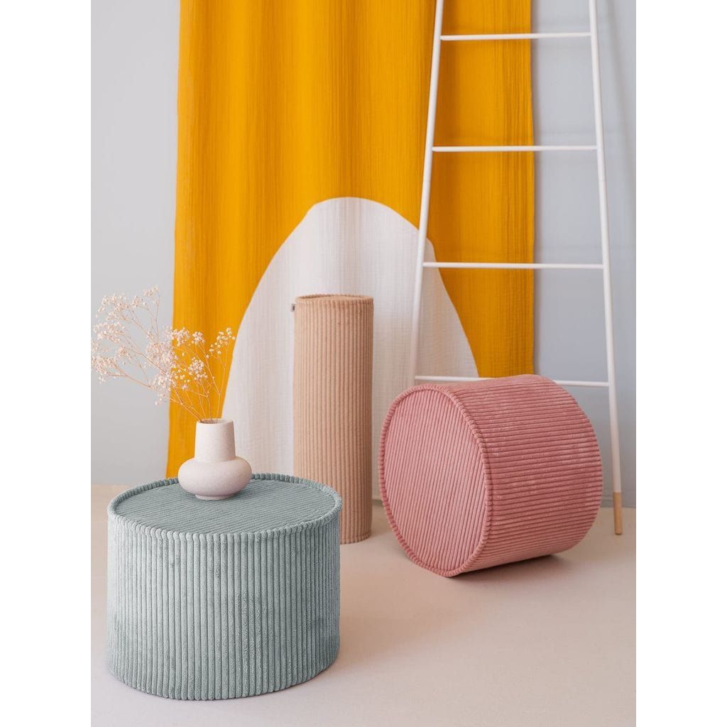Wigiwama Peppermint Green Kids Pouffe with red pouffe and bolster cushion
