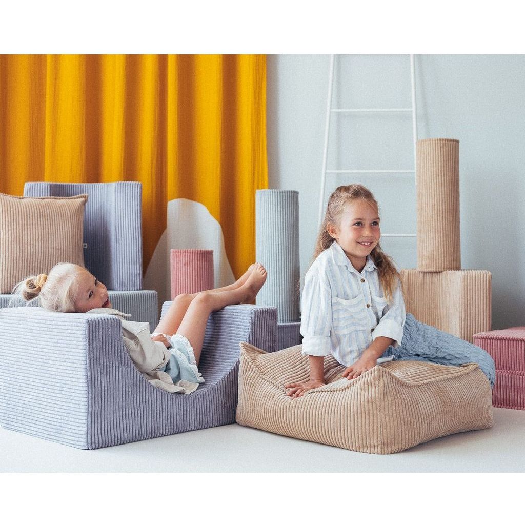 2 girls sitting on Wigiwama Blueberry Blue Rainbow Softplay Set