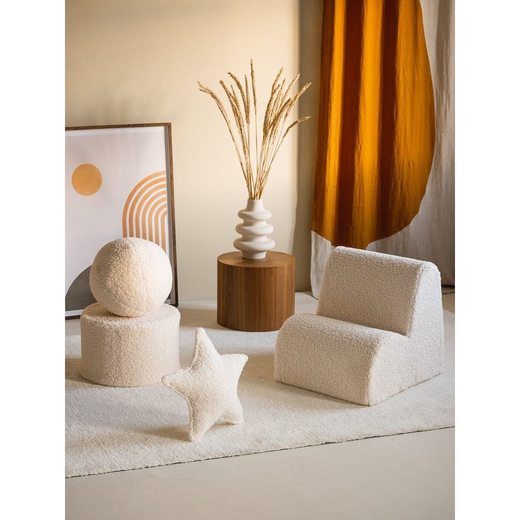 Wigiwama Cream White Cloud Chair with star, and ball cushions and pouffe