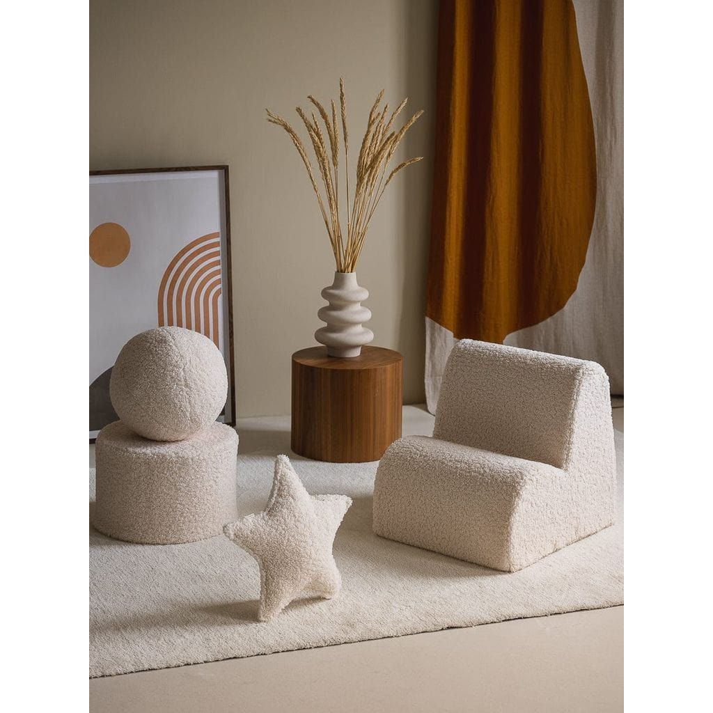 Wigiwama Cream White Ball Cushion with star cushion, chair and round pouffe