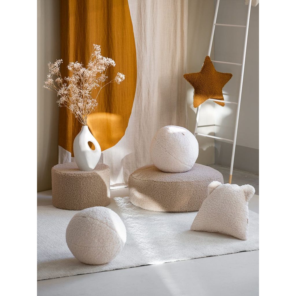 Wigiwama Cream White Bear Cushion with 2 ball cushions and round ottoman