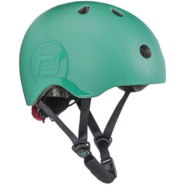 Scoot and Ride Helmet Forest Green - S-M side with logo and chin strap