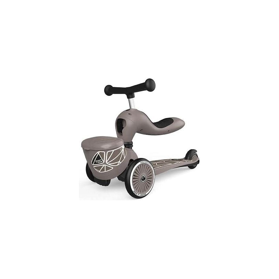 Scoot and Ride Highwaykick 1 Lifestyle Scooter- Brown Lines in seated position front right close up