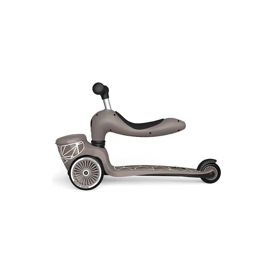 Scoot and Ride Highwaykick 1 Lifestyle Scooter- Brown Lines in seated position left side