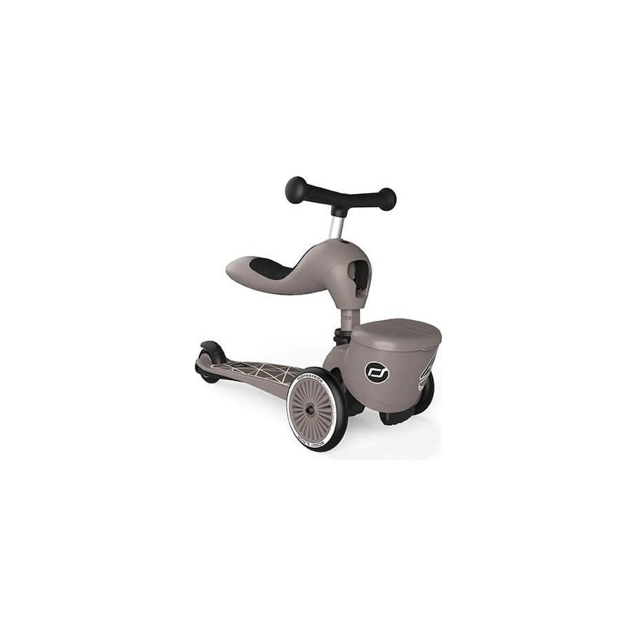 Scoot and Ride Highwaykick 1 Lifestyle Scooter- Brown Lines  in seated position close up
