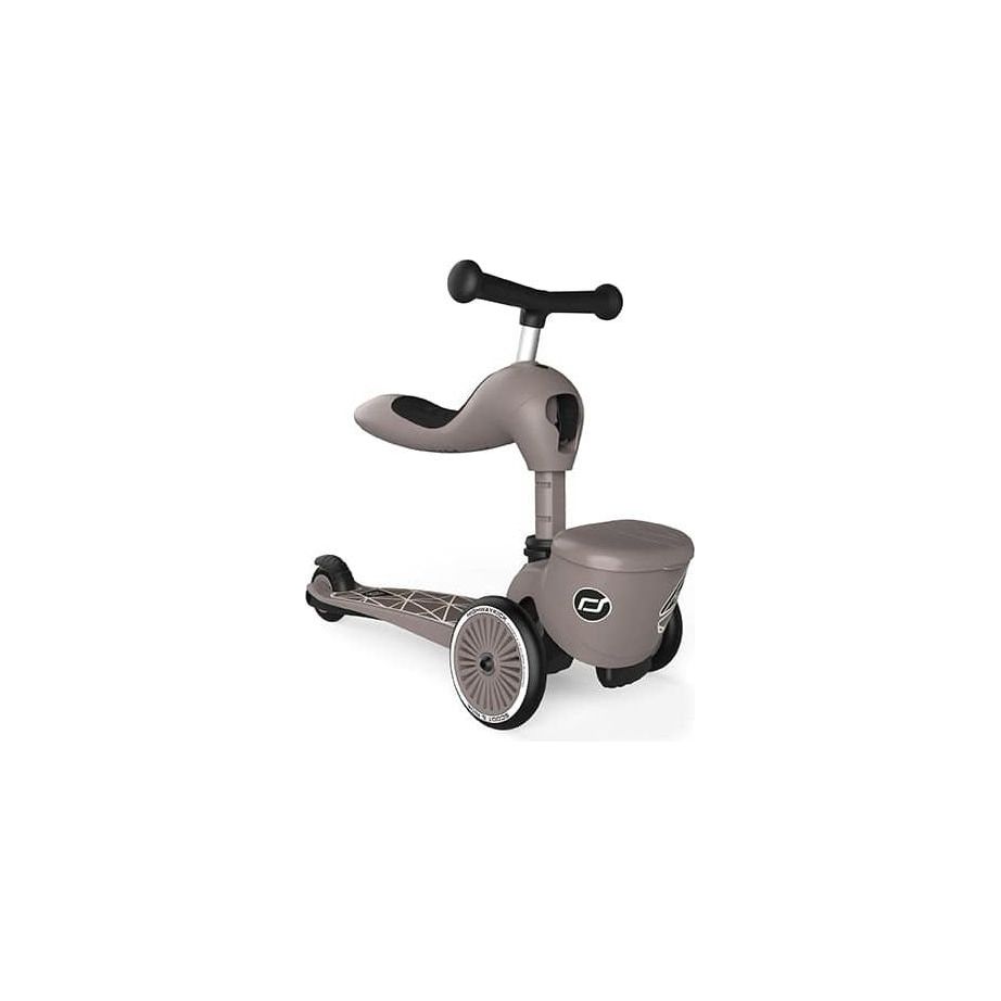 Scoot and Ride Highwaykick 1 Lifestyle Scooter- Brown Lines in seated position front right close up