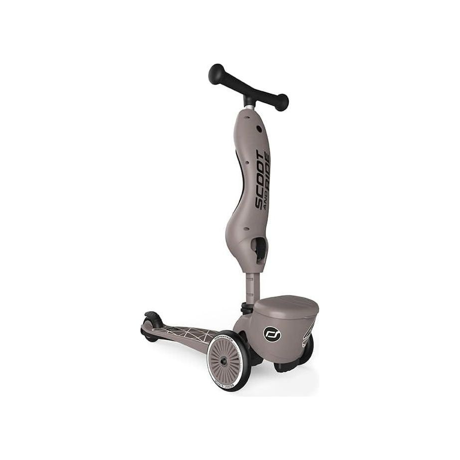Scoot and Ride Highwaykick 1 Lifestyle Scooter- Brown Lines  in upright position front right