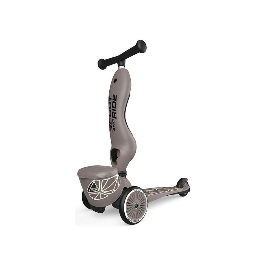 Scoot and Ride Highwaykick 1 Lifestyle Scooter- Brown Lines  in upright position in front left