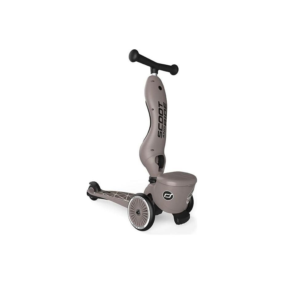 Scoot and Ride Highwaykick 1 Lifestyle Scooter- Brown Lines in upright position front right