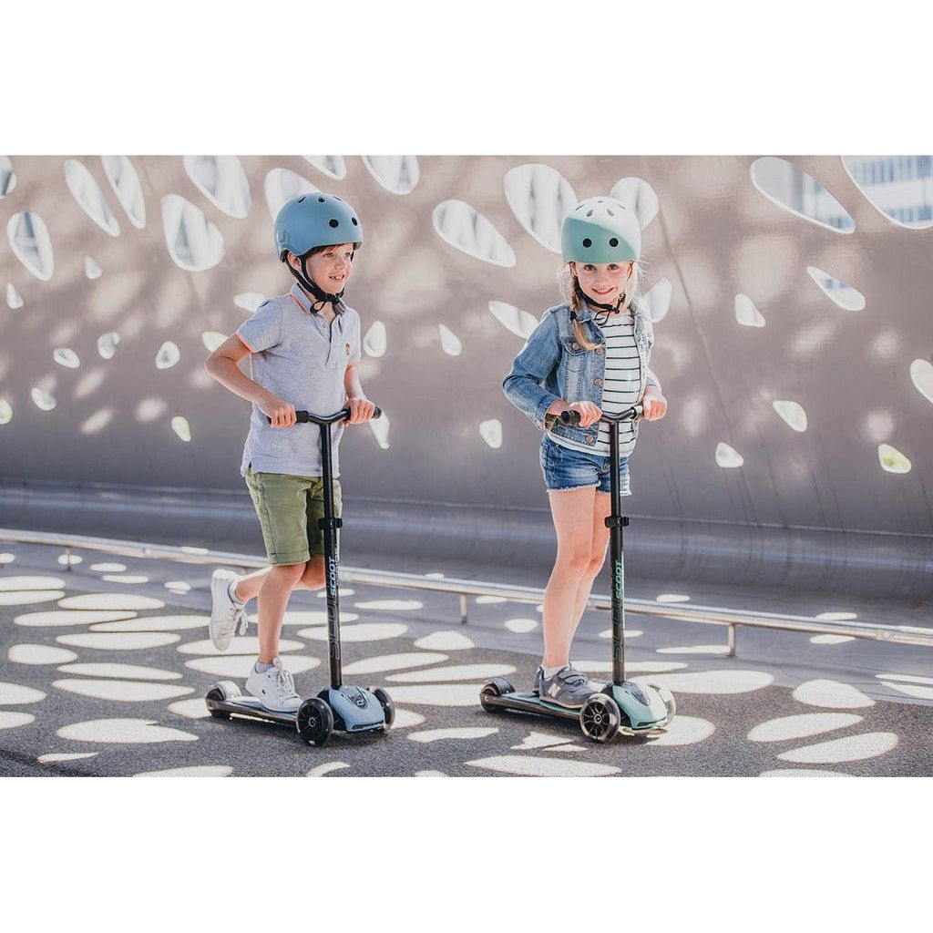 boy and girl riding Scoot and Ride Highwaykick 5 Scooter - Led Steel
