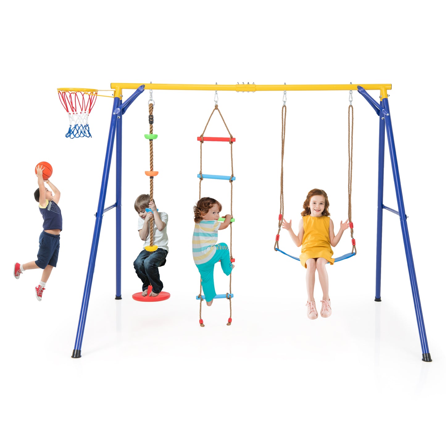 4-in-1 Heavy Duty Swing Set with 1 Basketball Hoop and 1 Adjustable Belt Swing-Blue & Yellow