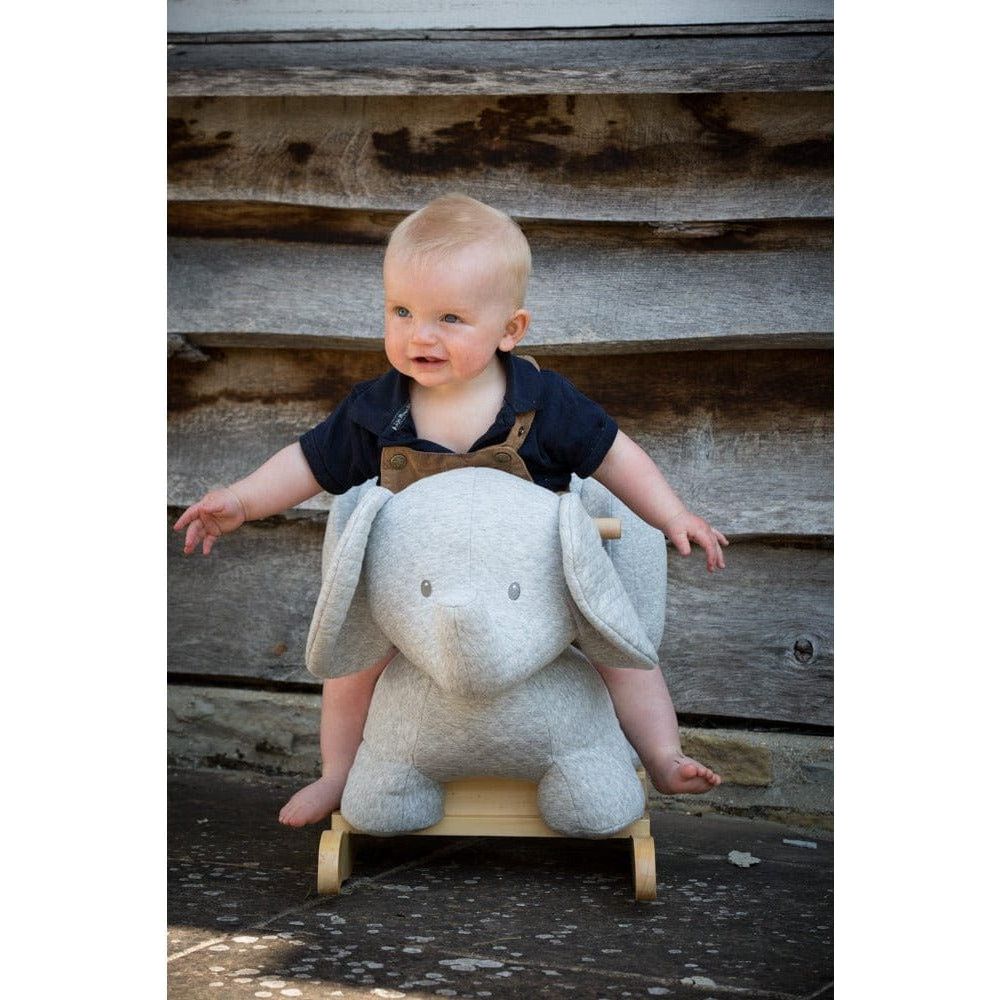 boy sitiing on Nattou Baby Rocker - Tembo Elephant