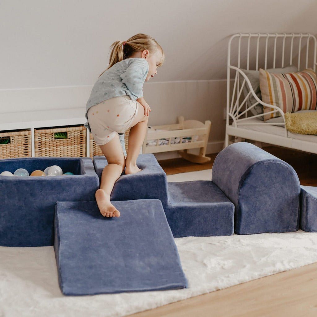 little girl climbing Velvet 5 Piece Softplay Set With Mini Ball Pit - Navy Blue