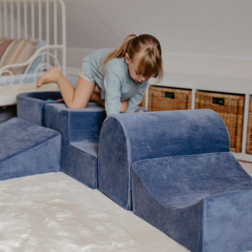 girl clambering over Velvet 5 Piece Softplay Set With Mini Ball Pit - Navy Blue