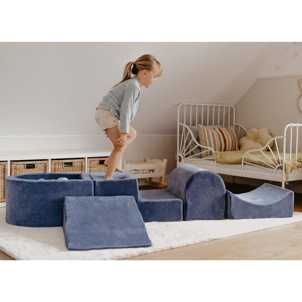 girl running across Velvet 5 Piece Softplay Set With Mini Ball Pit - Navy Blue