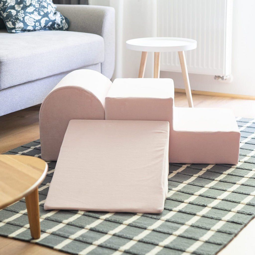 Velvet 3 Piece Softplay Set - Pale Pink on rug by sofa and table