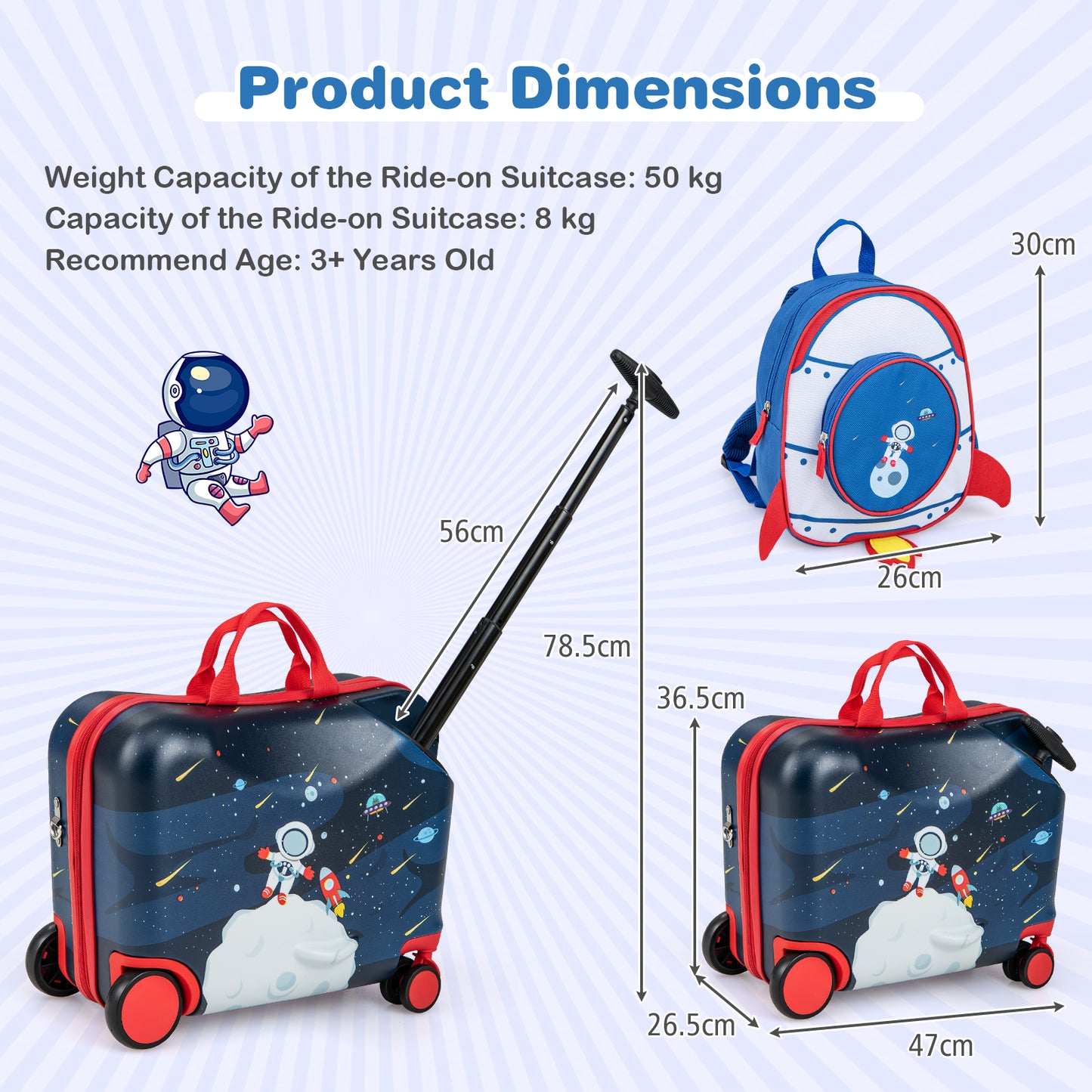 2 Piece Kids Luggage Set with Spinner Wheels and Anti-Lose Rope-Dark Blue