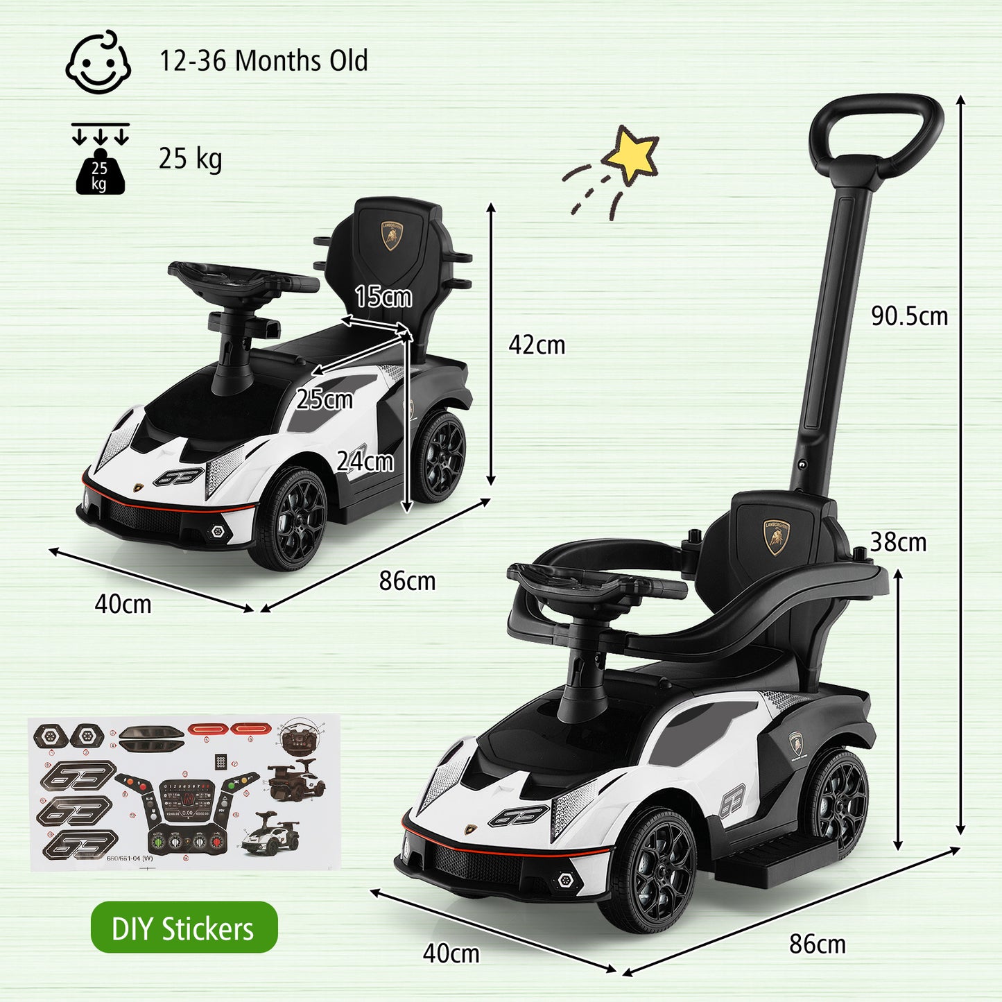 Kids Licensed Lamborghini Ride on Car with Push Handle-White