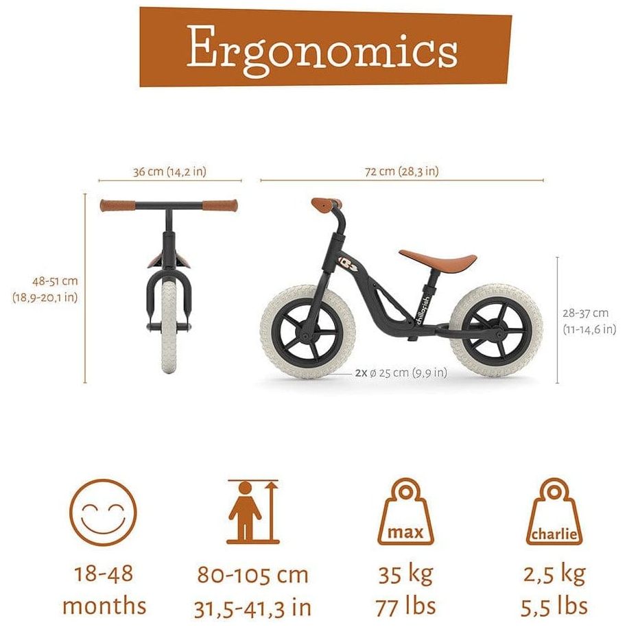 Chillafish Charlie Balance Bike 18M-4Y in Black size, weight and specification information