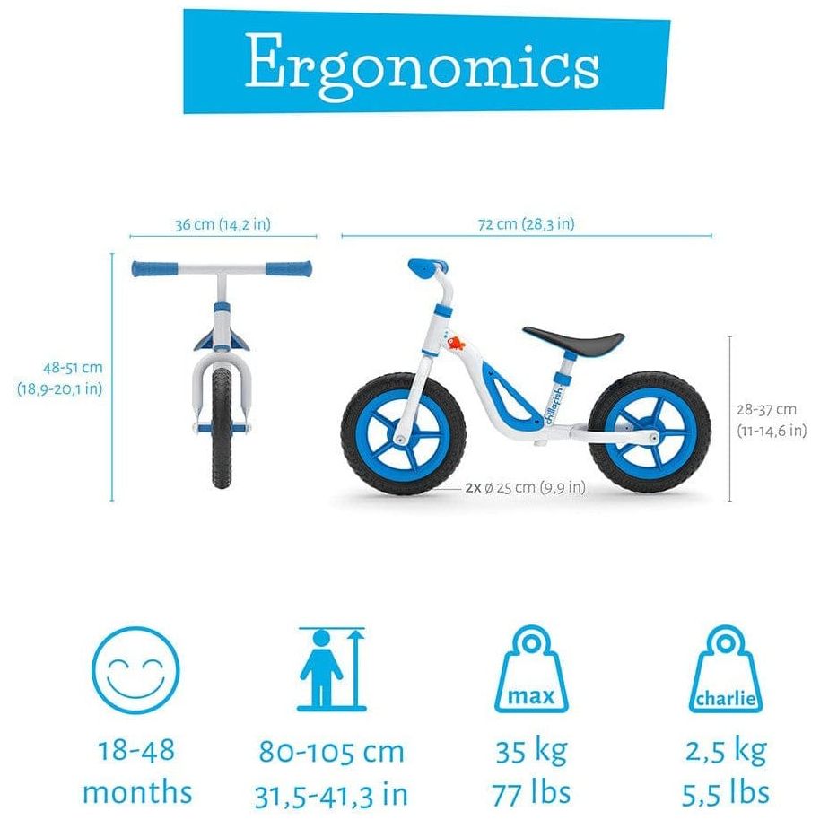 Chillafish Charlie Balance Bike 18M-4Y in Blue size, weight and specification information
