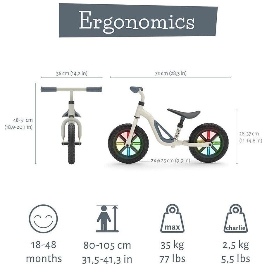 Chillafish Charlie Glow Balance Bike 18M-4Y in Beige size, weight and specification information