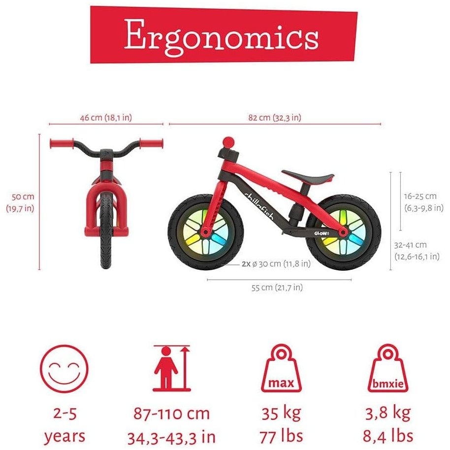 Chillafish Bmxie Glow Balance Bike 2-5 Years in Red size, weight and specification information