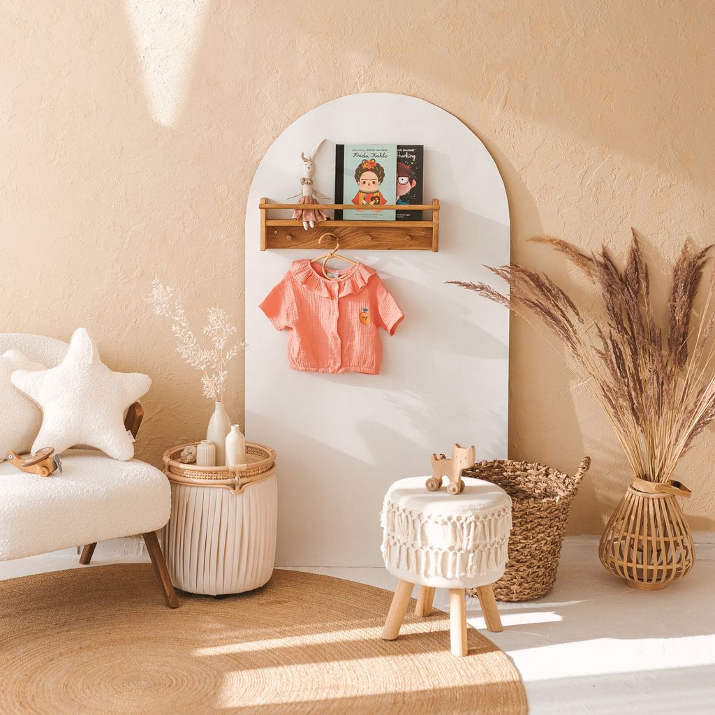 MINICAMP Floating Kids Bookshelf With Coat Hooks Made of Solid Oak in playroom