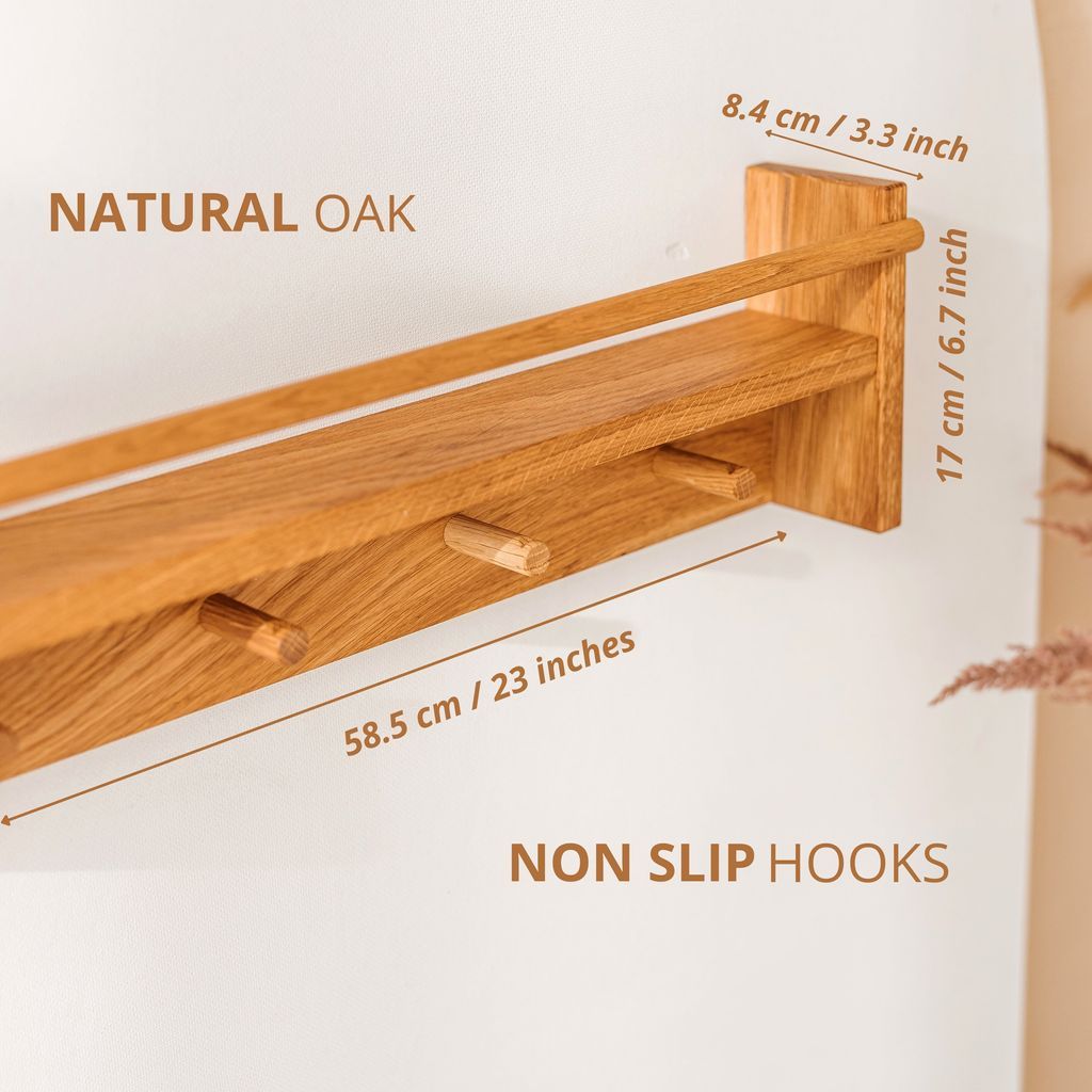 MINICAMP Floating Kids Bookshelf With Coat Hooks Made of Solid Oak dimensions