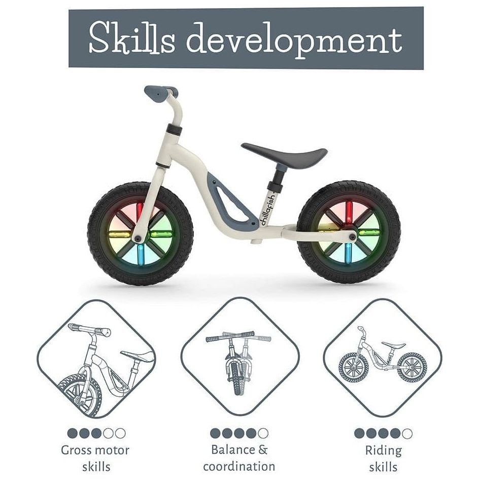 Chillafish Charlie Glow Balance Bike 18M-4Y in Beige skills development information