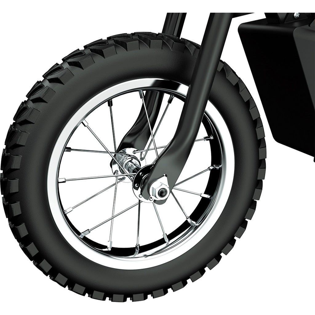 Razor Dirt Rocket MX125 - Black front wheel close up