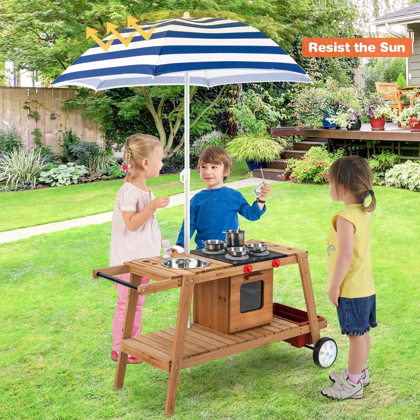 Wooden Kids Play Trolley with Umbrella and Storage Cabinet-Blue