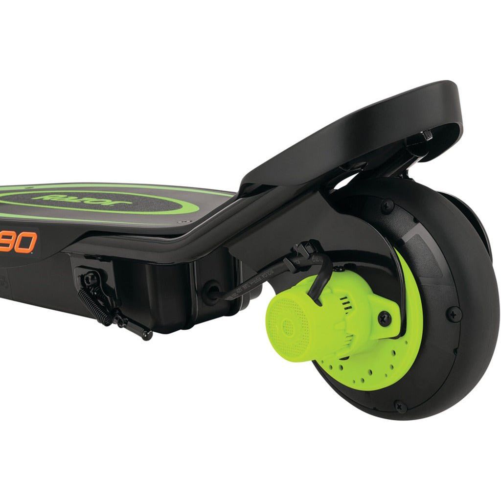 Razor Power Core E90 12 Volt Scooter - Green motor and rear wheel close up