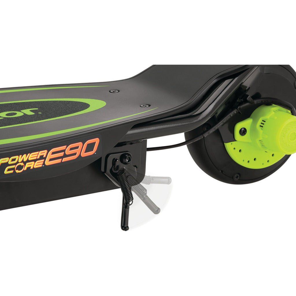Razor Power Core E90 12 Volt Scooter - Green kickstand close up