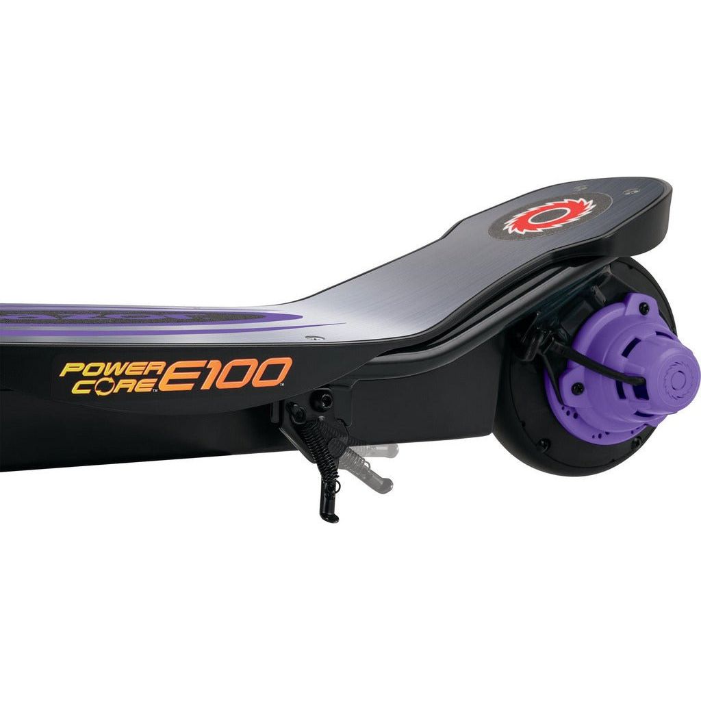 Razor Power Core E100 24 Volt Scooter - Purple kick stand close up