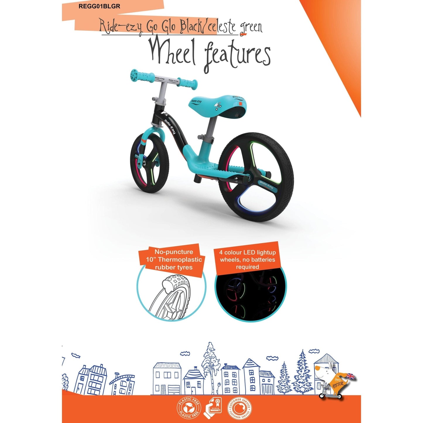 Ride-Ezy Go Glo Balance Bike - Black & Celeste Green with puncture proof tyres