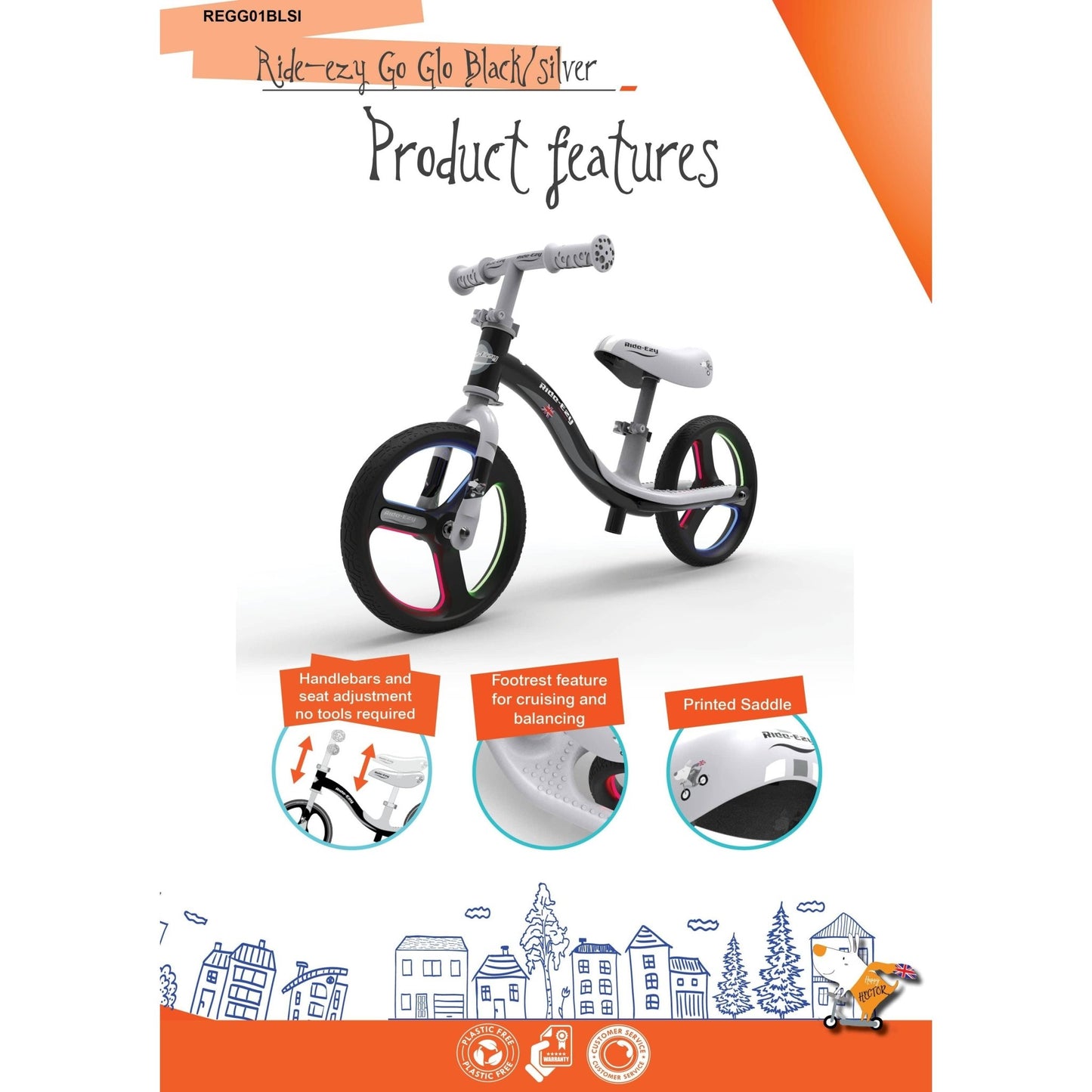 Ride-Ezy Go Glo Balance Bike - Black & Silver features diagram