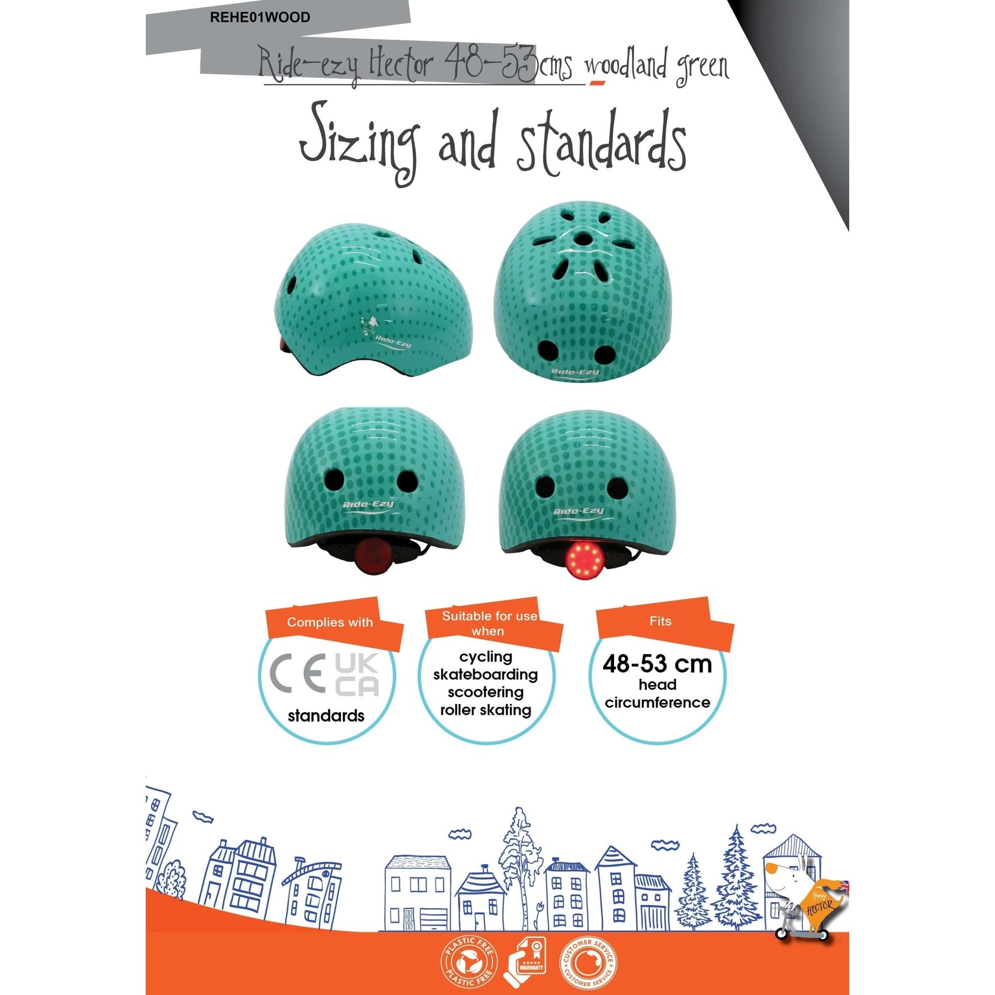 Ride-Ezy Hector 48-53cms Kids Helmet - Woodland Green sizing information