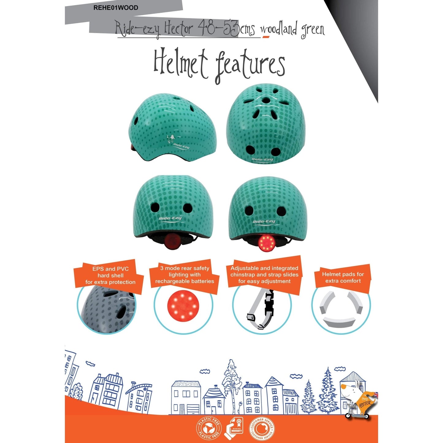 Ride-Ezy Hector 48-53cms Kids Helmet - Woodland Green features information