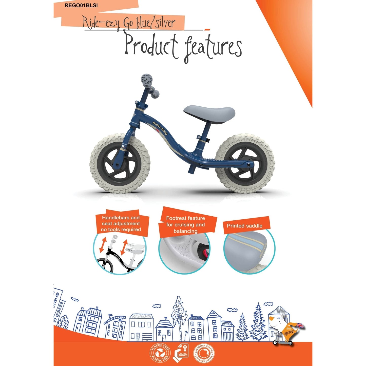 Ride-Ezy Go Balance Bike - Blue & Silver features information
