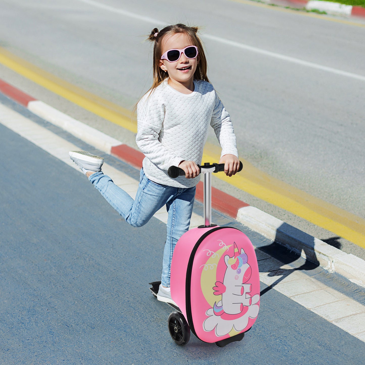 2-in-1 Folding Kids Scooter with Suitcase and 3 Color Lighted Wheels-Pink