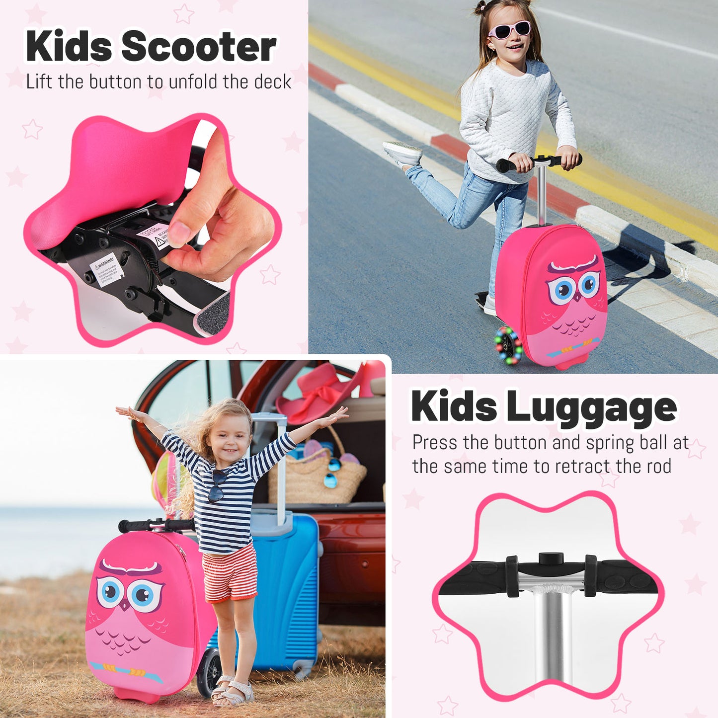 2-in-1 Folding Kids Scooter with Suitcase and 3 Color Light-Up Wheels-Rose