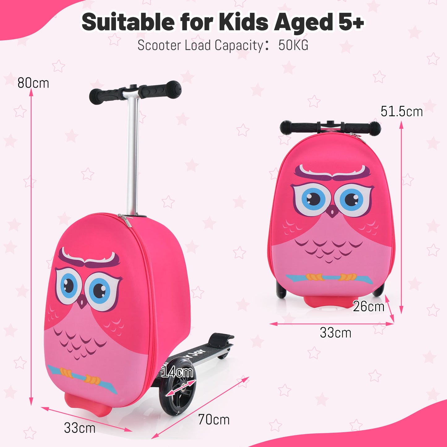 2-in-1 Folding Kids Scooter with Suitcase and 3 Color Light-Up Wheels-Rose