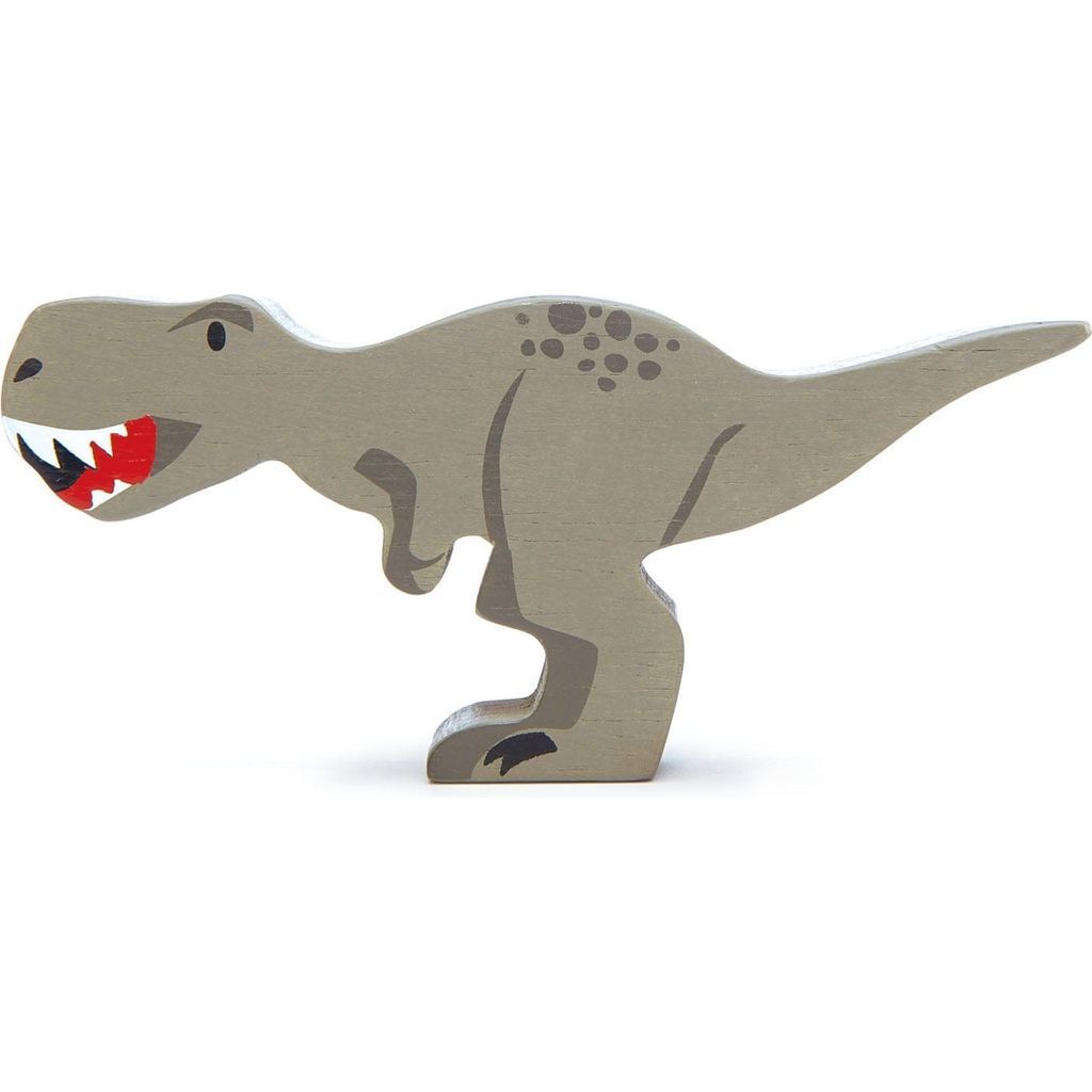 close up of Tender Leaf 8 Wooden Dinosaurs Toys & Shelf
