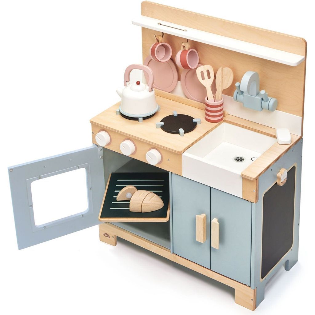 Tender Leaf Home Wooden Play Kitchen front with open oven door