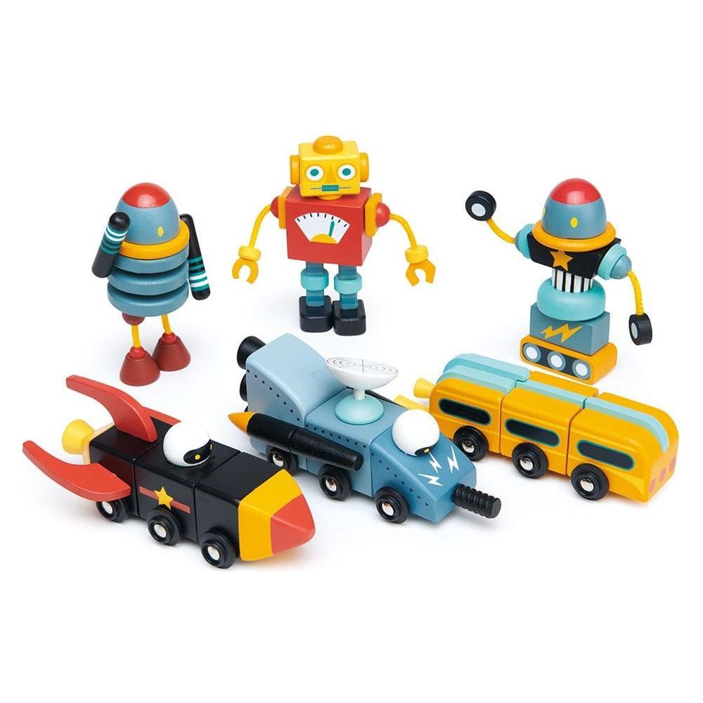 Tender Leaf Space Race Wooden Toys with robot construction toys